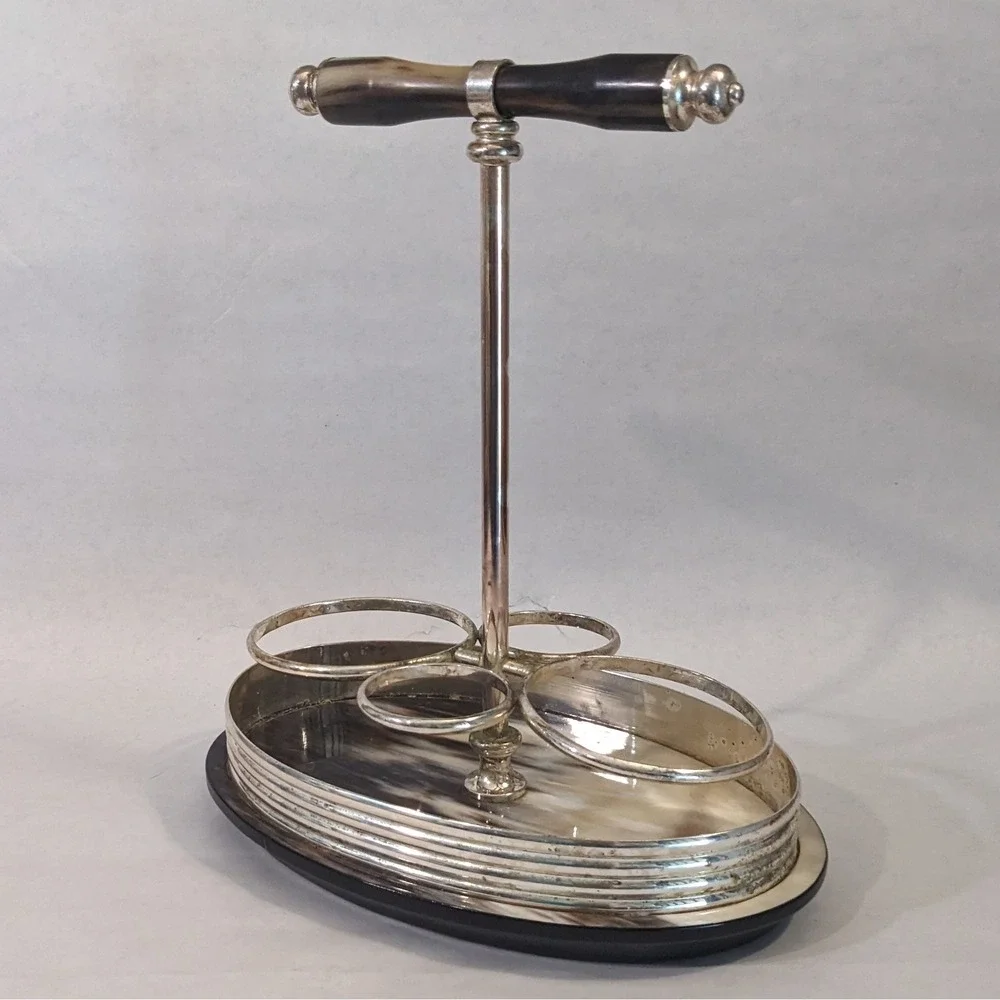 Vintage Silverplate Cruet Stand with Horn Inlay Base and Handle 4 Bottle Holder‎